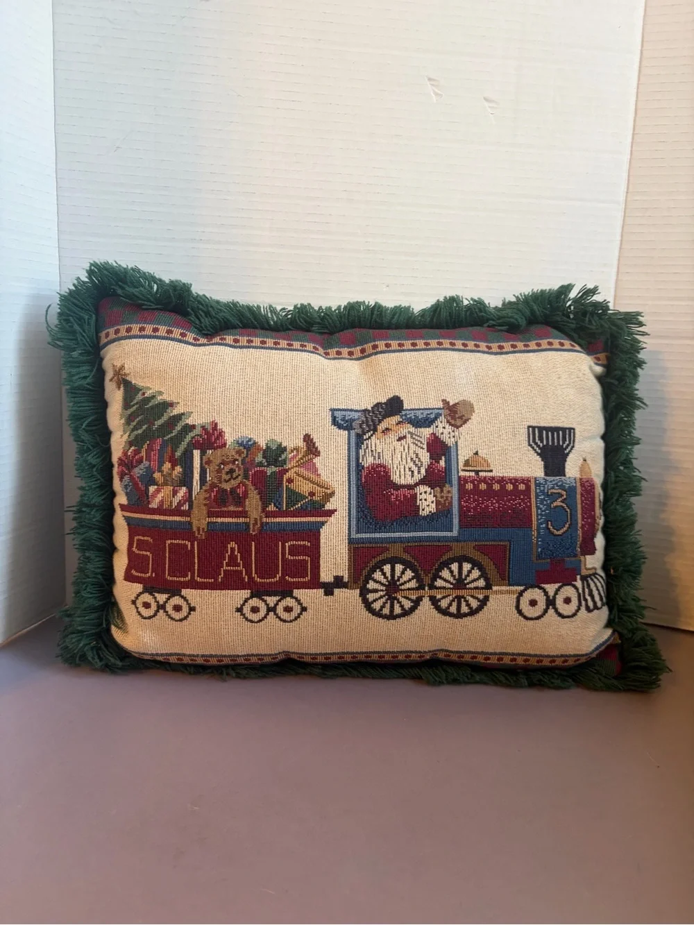 Decorative Santa Train Holiday Pillow - Green Fringe